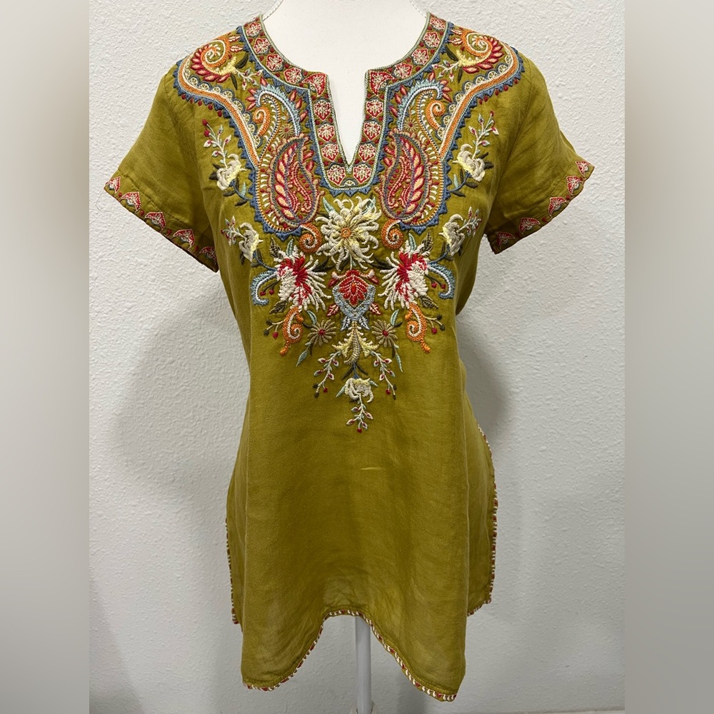 JOHNNY WAS Workshop Tikal Notched Neck Drape Embroidered Top EUC - Picture 2 of 10
